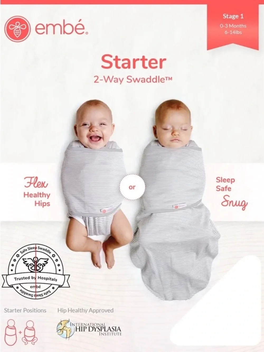 Embé Swaddle 2-Way Starter Baby Swaddle 6-14 lbs 0-3 Months Pink Giraffe Infant